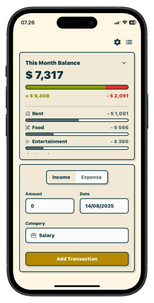 BareBudget super simple, privacy-first expense tracker – budget & money tracker app interface